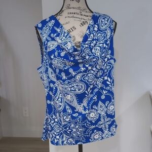 JULES & LEOPOLD | Women's Blue/White Floral Sleeveless Draped Neck Blouse